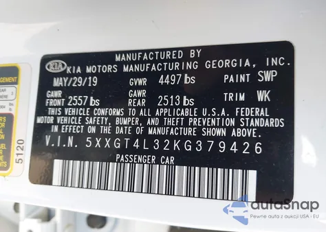 2019 Kia Optima Lx z USA, uszkodzony, nr VIN 5XXGT4L32KG379426